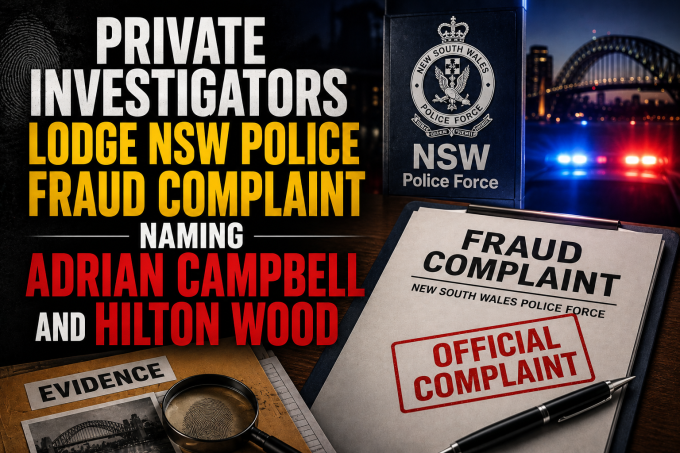 PRIVATE INVESTIGATORS LODGE NSW POLICE FRAUD COMPLAINT NAMING ADRIAN CAMPBELL AND HILTON WOOD